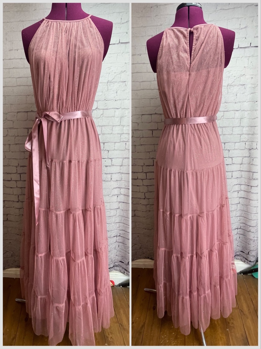 Candalite size small dusty rose with gold glitter formal maxi dress